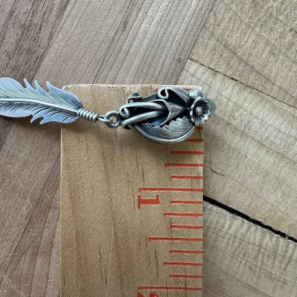 VTG Navajo George Begay‎ Clip Earrings 2.75 Inch Blossom Feather Sterling 11.2g